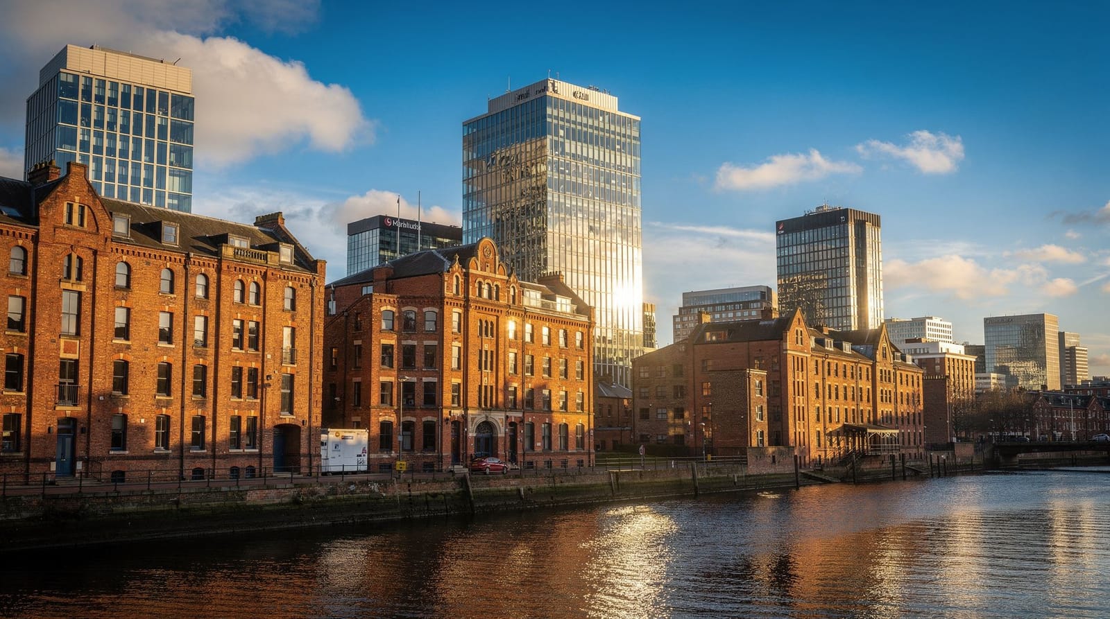Manchester city skyline at dusk with Old Trafford in view